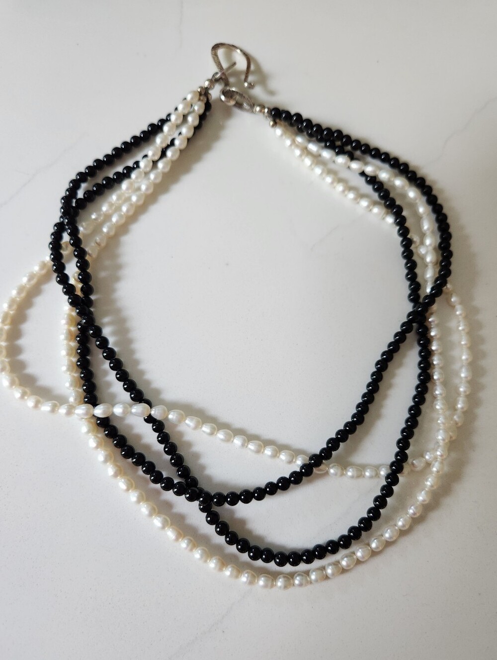 Multi-Strand Black and White Pearl Necklace with Silver Accent